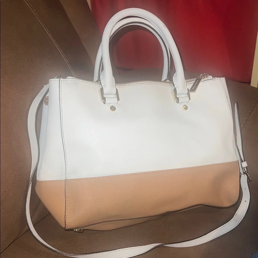 Michael Kors White and Tan Leather Satchel with Gold Hardware